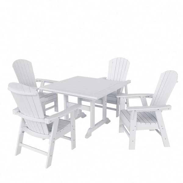 Altura Outdoor Patio Weather Resistant White 5-Piece HDPE Plastic Square Table Adirondack Dining Set