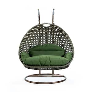 Beige Wicker Hanging 2-Person Egg Swing Chair Porch Swing With Dark Green Cushions