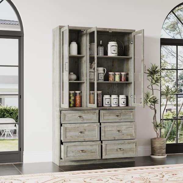 78.7 in. Tall Rustic Oak Wood 6-Shelf Farmhouse Bookcase w/ Adjustable Shelves and Glass Doors, Kitchen Storage Cabinet