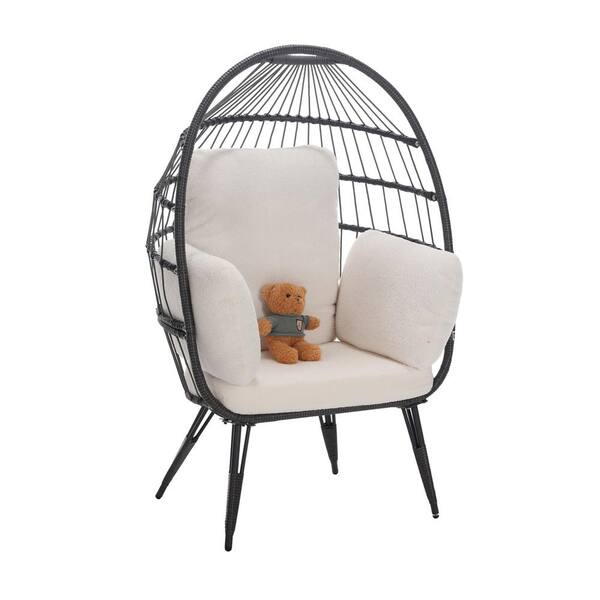 Zeus & Ruta 37 in. W Oversized Wicker Outdoor Egg Chair Lounge Chair with White Cushions