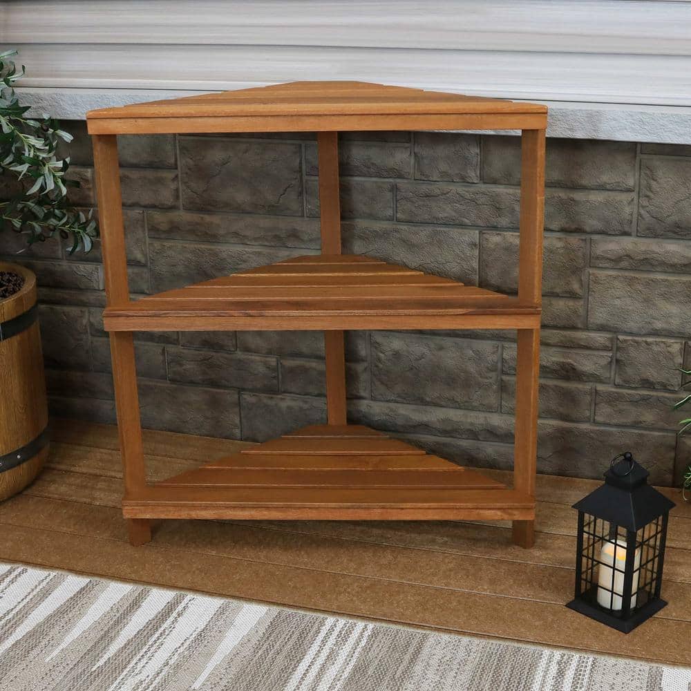 Sunnydaze Brown Meranti Wood 3-Tier Corner Plant Stand