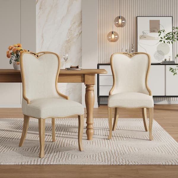 Naomi Natural Plus Beige Polyester Wingback Upholstered Dining Chairs, Solid Wood, Heart-Back, Sculpted Legs, Set of 2
