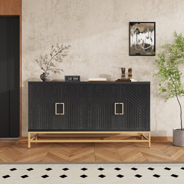 59.8 in. Black Rectangle MDF Console Table with Adjustable Shelves