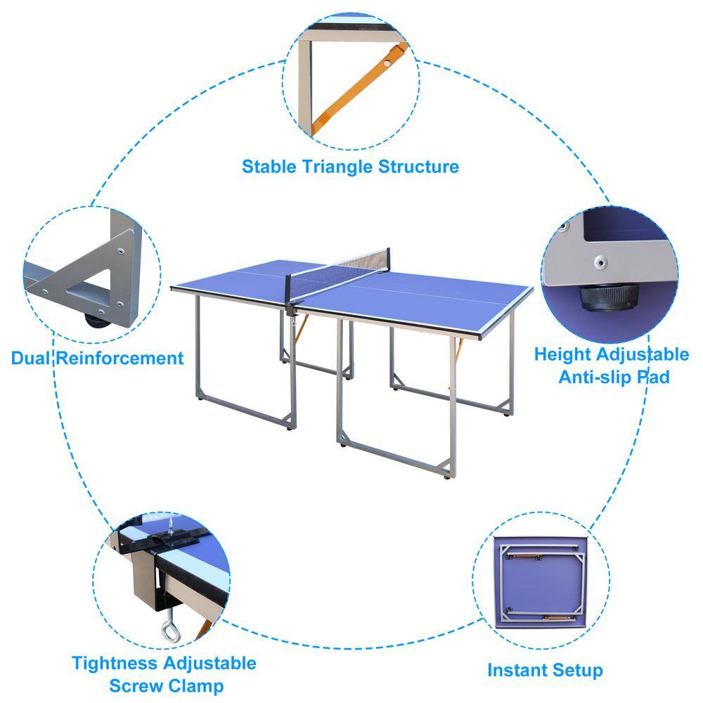 6ft Blue Foldable Outdoor Table Tennis Set with Net and Paddles