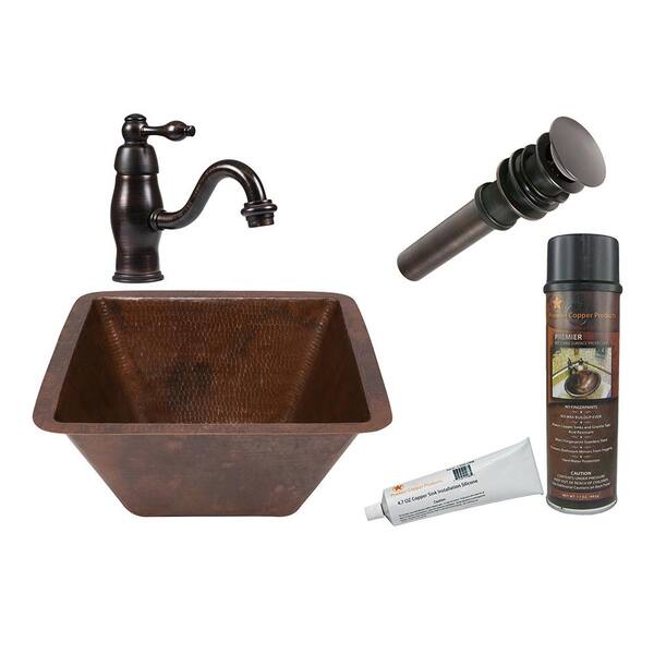 Premier Copper Products All-in-One Square Under Counter Hammered Copper Bathroom Sink in Oil Rubbed Bronze