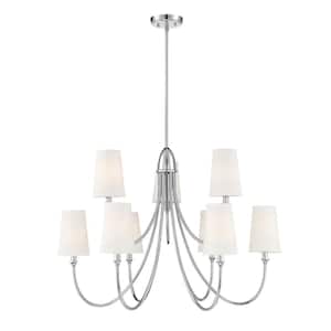Cameron 35 in. W x 24 in. H 9-Light Polished Nickel Tiered Chandelier with Curved Arms and White Fabric Shades