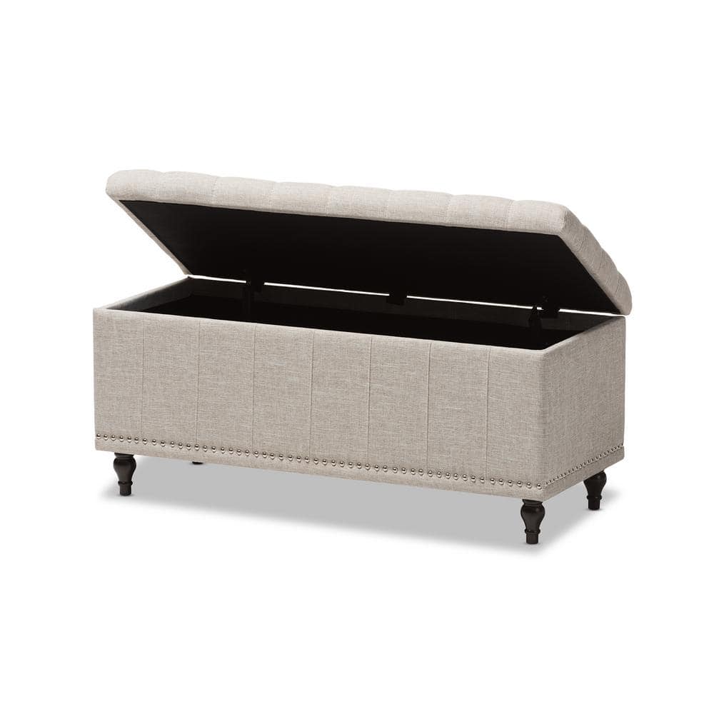 Kaylee Beige Button-Tufted Storage Ottoman Bench with Silver Nailheads