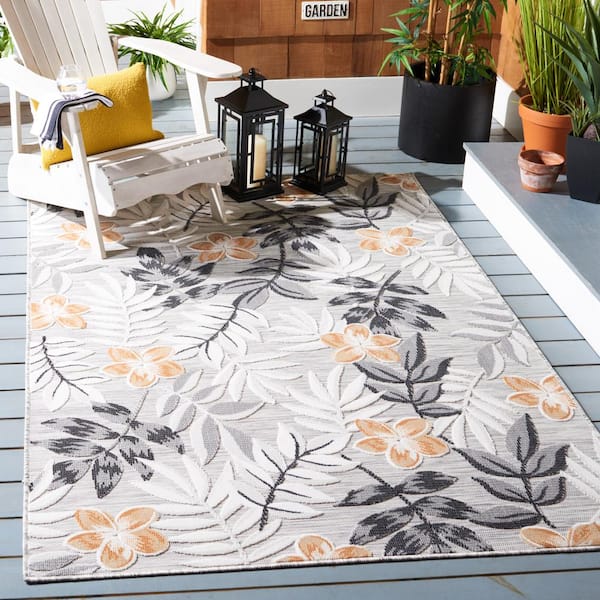 Cabana Gray/Ivory 4 ft. x 4 ft. Botanical Floral Indoor/Outdoor Square Area Rug