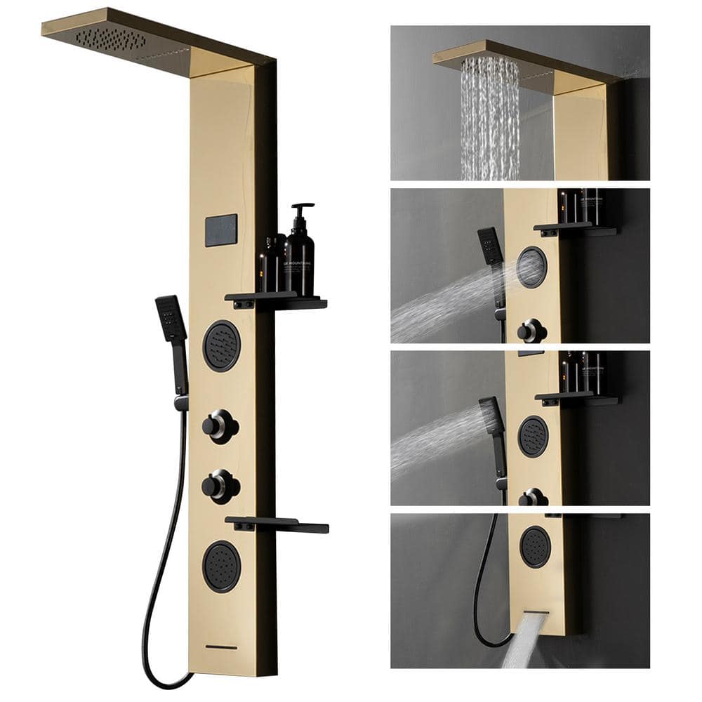 Gold and Black Stainless Steel Shower Panel System with Rainfall Shower Head