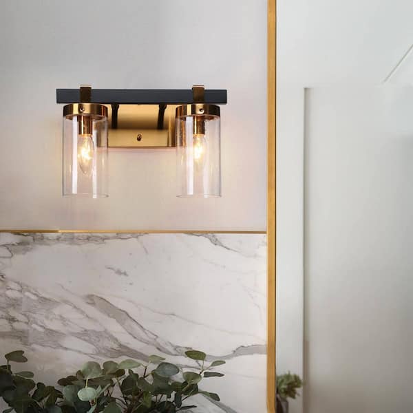 Vintage 12 in. 2-Light Black Vanity Light, Plating Brass Wall Sconce with Seeded Glass for Vanity Mirrors, Bath Light