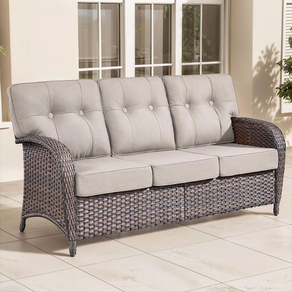 Modern Seaside Series 3-Seat Wicker Outdoor Patio Sofa Couch with Deep Seating and Beige Cushions