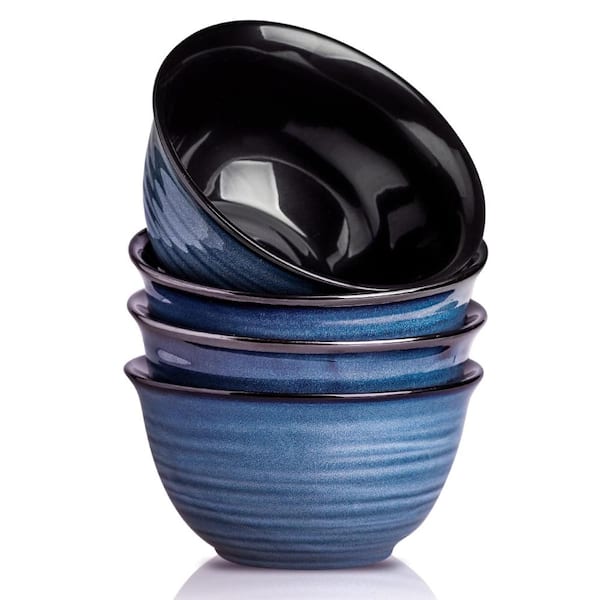Large 7 Inch Blue Ceramic Serving Bowls with 40 Ounce Capacity for Soup Salad Pasta Popcorn Set of 4