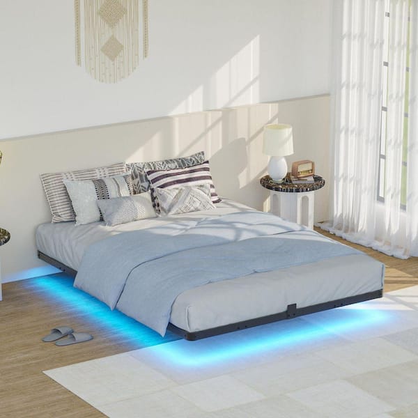 7.7 in. Black LED Floating Bed Frame Queen Platform Bed
