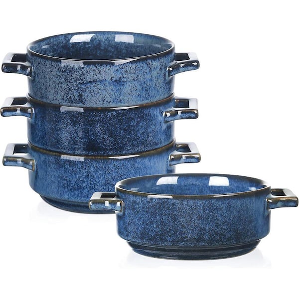 4-Pieces Blue Ceramic Soup Bowls with Handles 24 oz. Porcelain Crocks Microwave Oven Safe for Soup Cereal Stew Set
