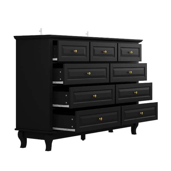 Modern 7-Drawer Dresser 52" Wide - Push-to-Open Handleless Chest, Curved Black Finish, Doubles As TV Stand