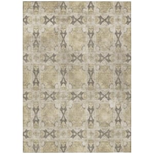 Beige and Gray 5 ft. x 8 ft. Woven Floral;Medallion Rectangle Indoor/Outdoor Area Rug