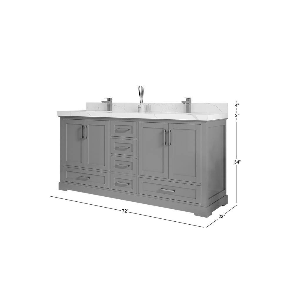 72 in Gray Double Sink Bathroom Vanity with Black Quartz Top
