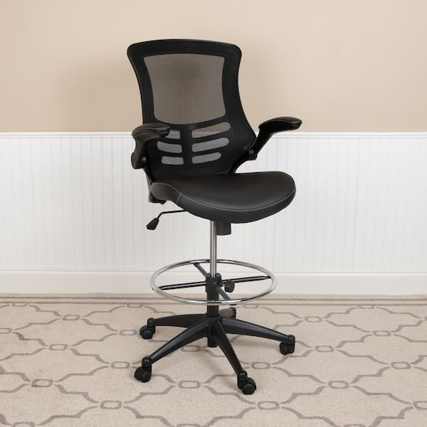 Carnegy Avenue Kelista Mesh Ergonomic Drafting Chair in Black Leather/Mesh with Flip-up arms and Adjustable Foot Ring