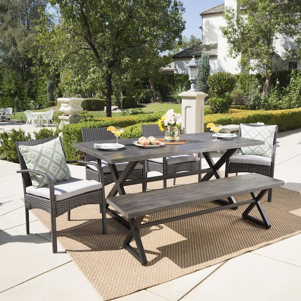 Noble House Palermo 18 in. Grey 6-Piece Metal Rectangular Outdoor Patio Dining Set with Grey Cushions