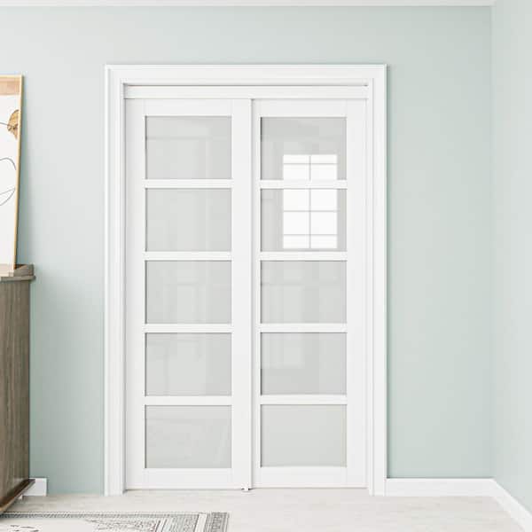 48 in. x 80 in. 5 Lite Tempered Frosted Glass and Primed White MDF Interior Closet Sliding Door with Hardware Kit
