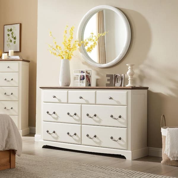 Antique White 7 drawer 54 in. W Dresser Wood Rustic Dressers for Bedroom, Living Room, Hallway