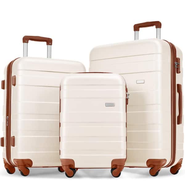 Merax Ivory and Brown Lightweight Durable 3-Piece Expandable ABS Hardshell Spinner Luggage Set with TSA Lock