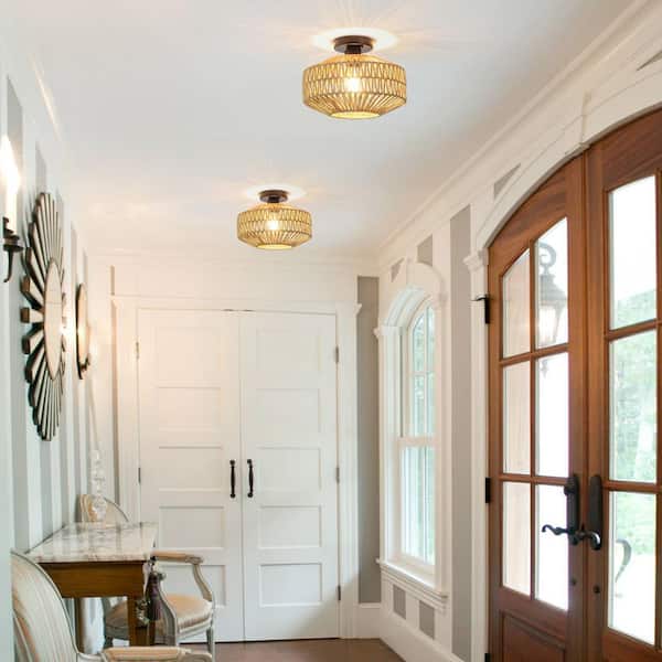 LWYTJO 11.81 in. 1-Light Black/Brown Rattan Semi Flush Mount