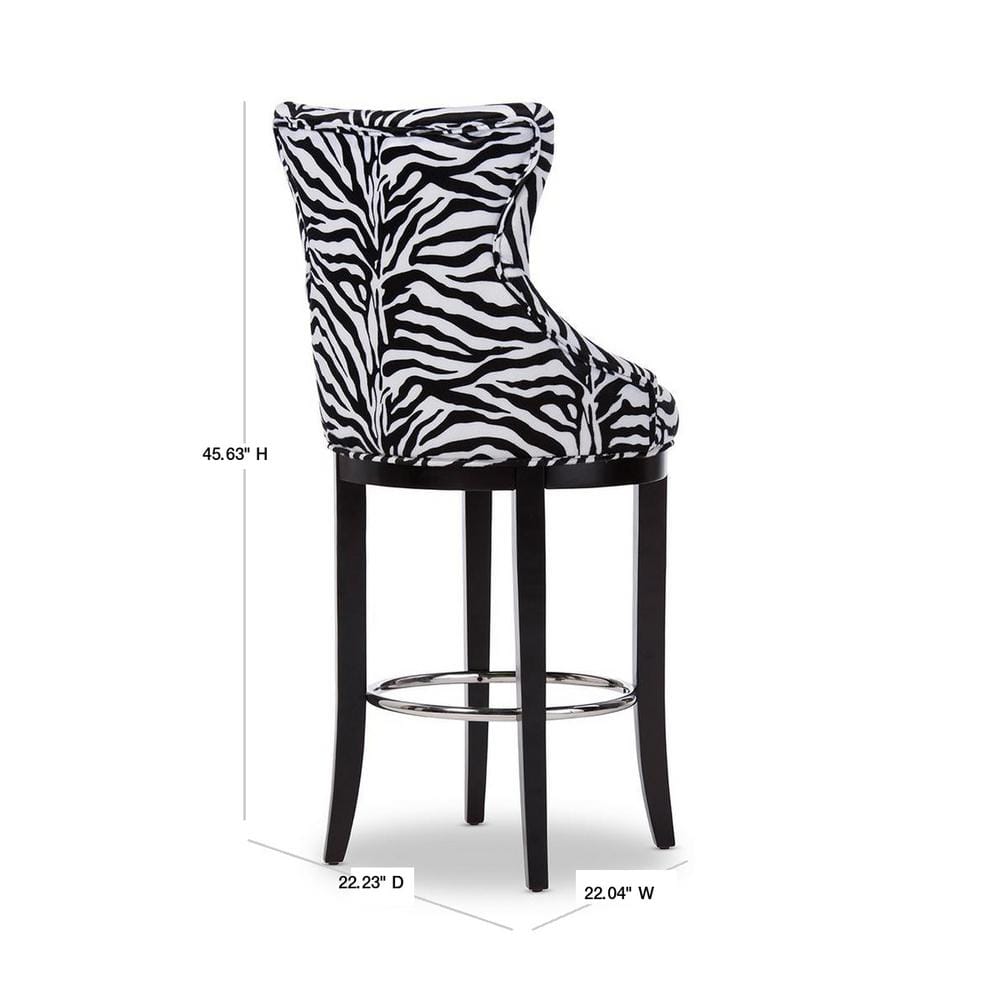 Modern Black and White Zebra Print Upholstered Bar Stool with Metal Accents