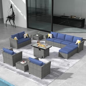 Vesta Gray 13-Piece Wicker Outerdoor Patio Rectangular Fire Pit Set with Denim Blue Cushions