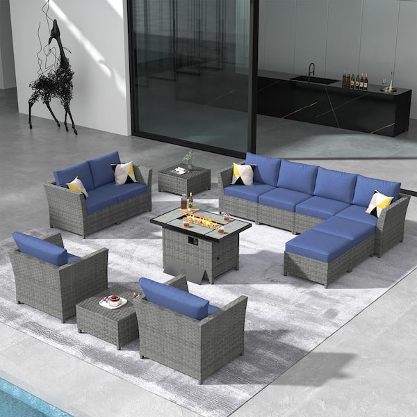 XIZZI Vesta Gray 13-Piece Wicker Outerdoor Patio Rectangular Fire Pit Set with Denim Blue Cushions