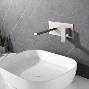 Single Handle Wall Mount Faucet for Bathroom Sink or Bathtub with Plate in Brushed Nickel Brass Rough-in Valve Included