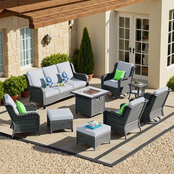 OVIOS New Kenard Gray 9-Piece Wicker Patio Fire Pit Conversation Set with Gray Cushions and Swivel Rocking Chairs