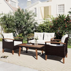 Wicker Outdoor Sectional Set with Beige Cushions, 4-Piece Garden Furniture, Patio Seating Set PE Rattan Outdoor Sofa Set