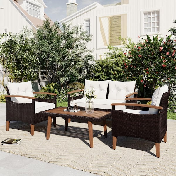 Unbranded Wicker Outdoor Sectional Set with Beige Cushions, 4-Piece Garden Furniture, Patio Seating Set PE Rattan Outdoor Sofa Set