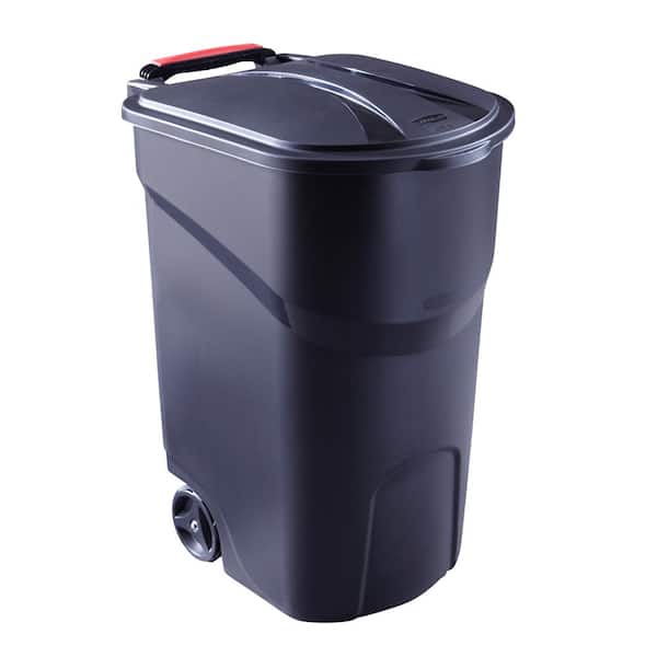 Trash Can 45 Gal Black With Wheels and amp; Lid Outdoor Hinged Heavy Duty Bin 