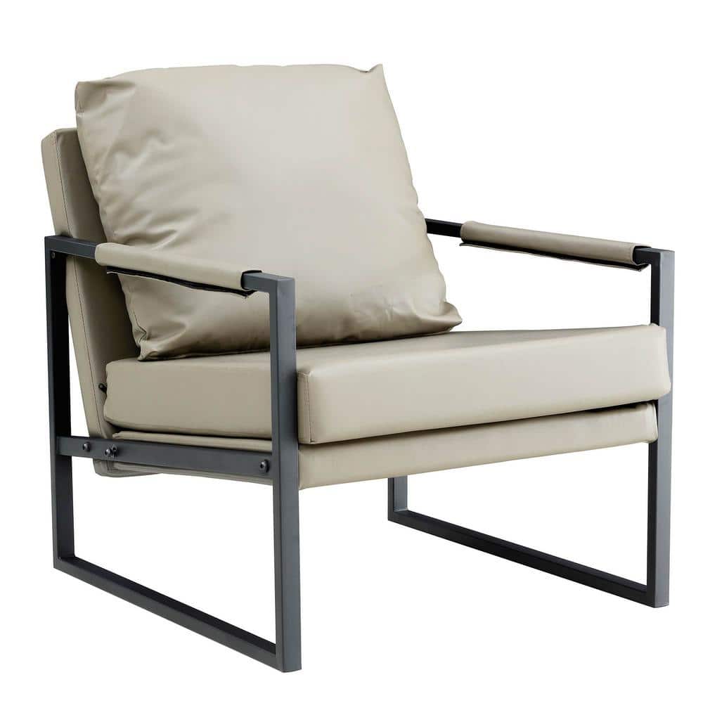Light Gray PU Leather Accent Upholstered Padded Backrest Arm Chair with
