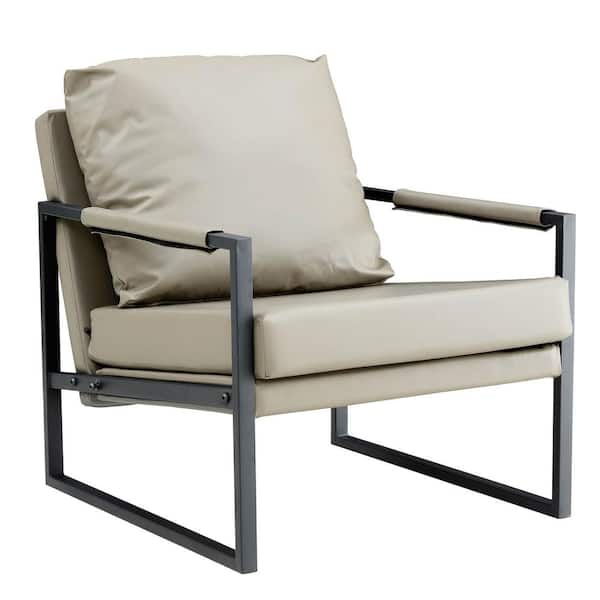 Unbranded 27 in. Light Gray Upholstered Leather Arm Chair with Black Metal Frame