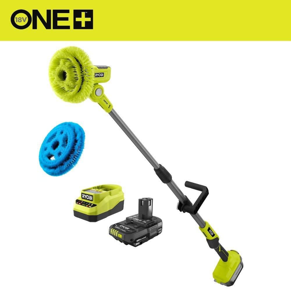 RYOBI ONE+ 18V Cordless Telescoping Power Scrubber Kit with 2.0 Ah
