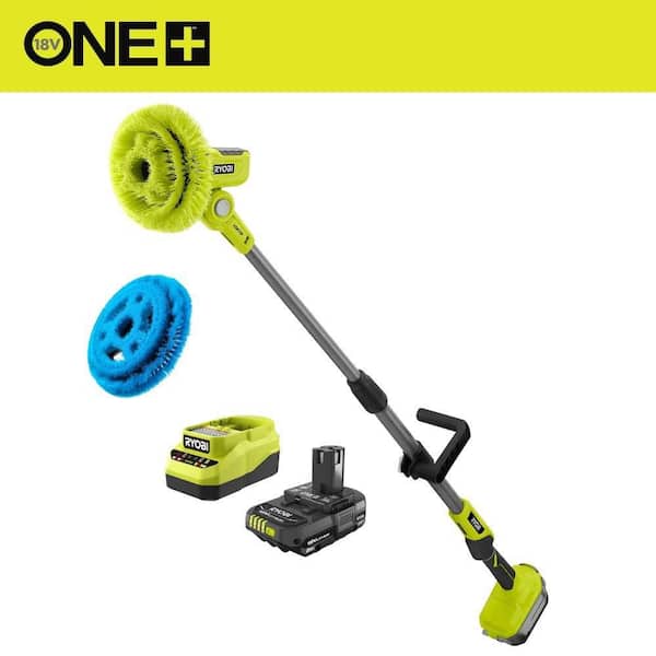 ONE+ 18V Cordless Telescoping Power Scrubber Kit with 2.0 Ah Battery, Charger, and 9 in. VORTEX Soft Bristle Brush