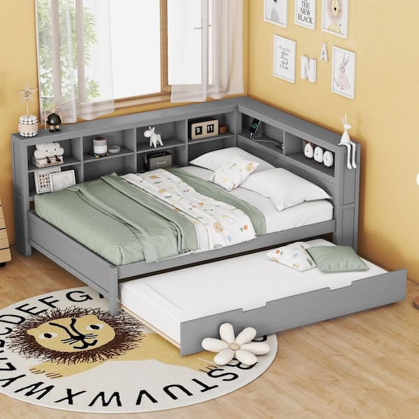Horace Modern Grey Full Size Wooden Daybed with Twin Size Trundle, USB Charging Station, and Storage Shelves