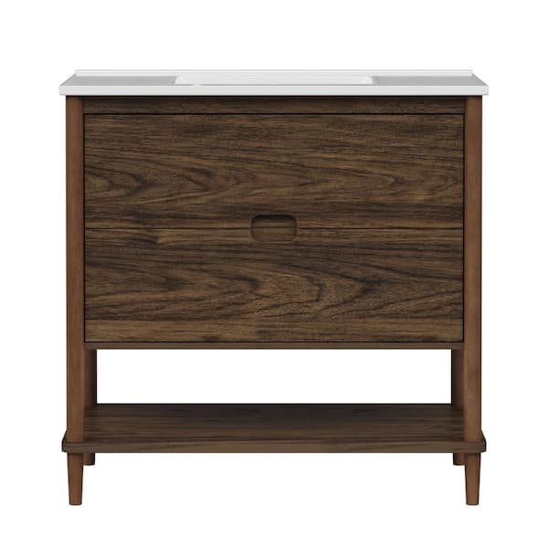 Ellery 36.02 in. Single Sink Freestanding Walnut Bath Vanity with White Ceramic Integrated Square Top