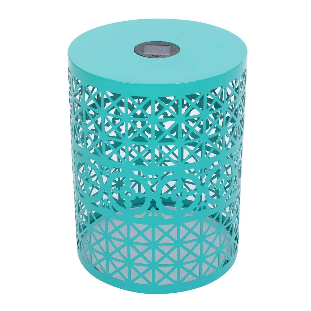 Outdoor Patio Metal Side Table, Round Iron Table with Built-in Solar Light,