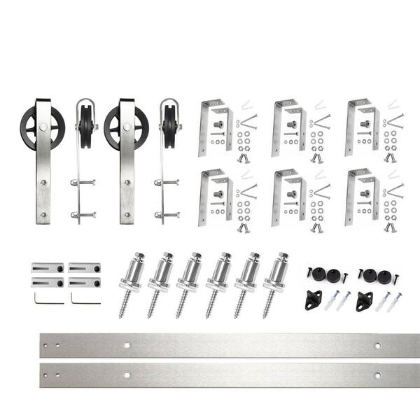 HOMACER 7.5 ft./90 in. Brushed Nickel Double Track Bypass U-Shape Sliding Barn Door Hardware Kit - Spoke Wheel Design Roller