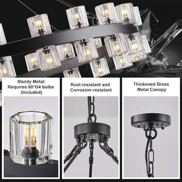 60-Light Black Round Chandelier with Chain, 60in. Modern K9 Crystal Chandelier for Dining Room, Living Room, Foyer