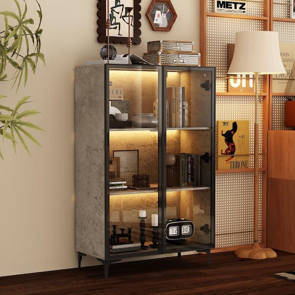 FUFU&GAGA Gray 46.1 in. H Wood Accent Storage Cabinet With 2-Glass Doors, Pop-Up Design, LED Lights