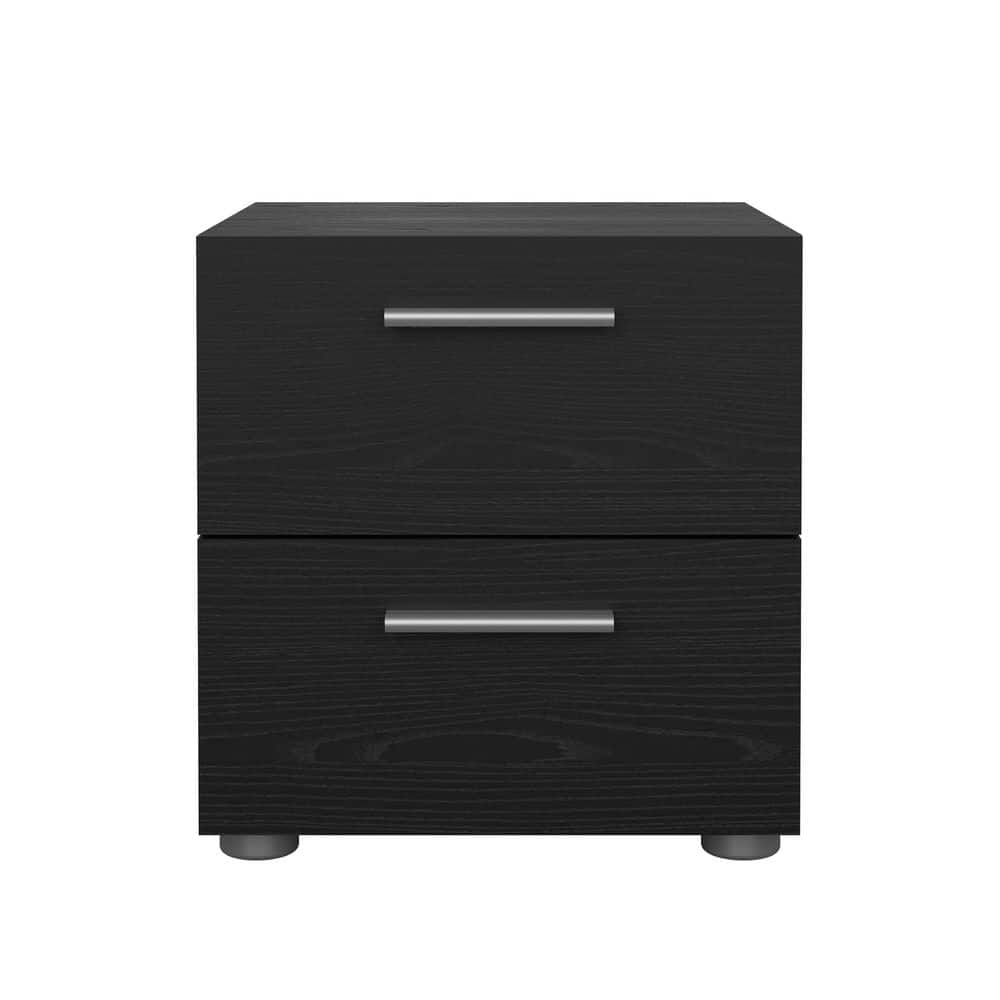 Black Woodgrain 2-Drawer Nightstand with Metal Handles