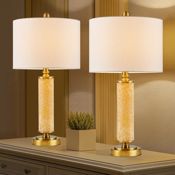 23.75 in. Antique Brass Marble Table Lamp Set with Rotary Switch and Shade (set of 2)