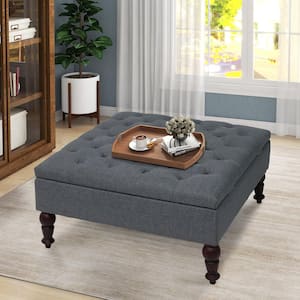 W33.8 in. x D33.8 in. x H16.9 in. Gray Fabric Upholstered Square Tufted Storage Ottoman with Solid Wood Legs