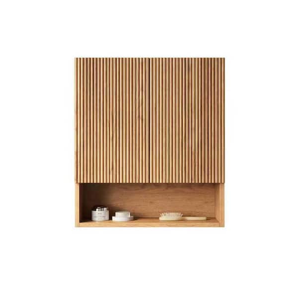 26 in. W x 7.87 in. D x 30 in. H Plywood Bathroom Storage Wall Cabinet in Natural Wood with Soft Close Doors, Open Shelf