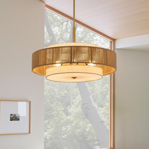 24" W 6-Light Dimmable Brass Brown Woven Fabric Drum Pendant Design Chandelier for Dinning Room with No Bulbs Included